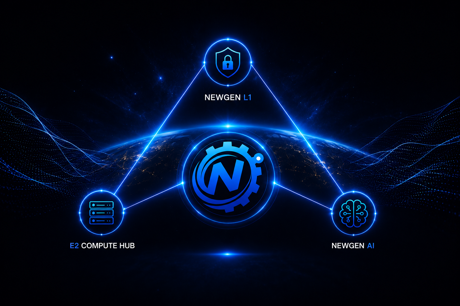 NewGenEngine ecosystem diagram showing NewGen L1, E2 Compute Hub, and NewGen AI connected to the NewGenEngine core